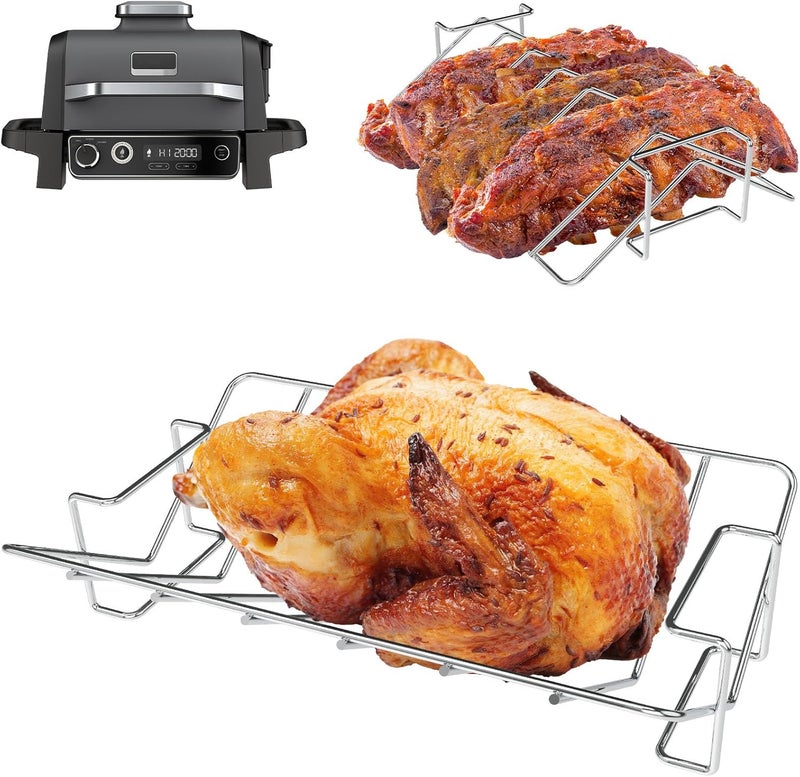 WEBROIL 2 in 1 Rib Rack for Ninja Smoker OG900 OG800 OG951 OG952 Series Turkey Roasting Rack, V Rack for Ninja Woodfire Pro Connect Xl Grill and Most Grill Smoker Accessories Stainless Steel Grilling Rack - Image 1